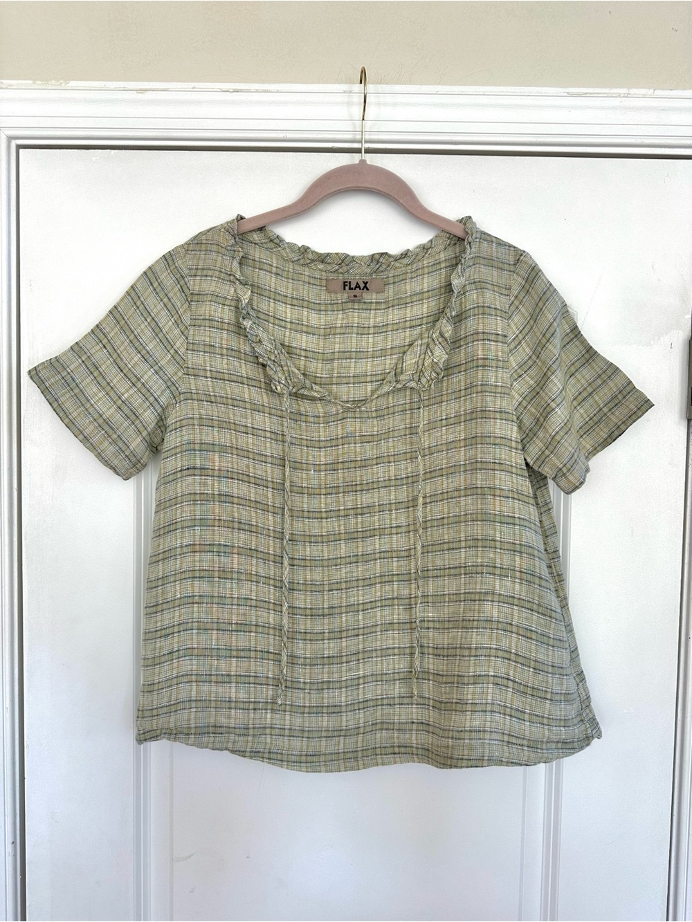 FLAX 100% Linen Sage Green Plaid Short Sleeve Blouse Tie Ruffle Small Cottage